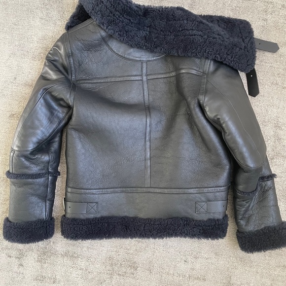 Sandro amber shearling black leather jacket coat - Picture 2 of 7